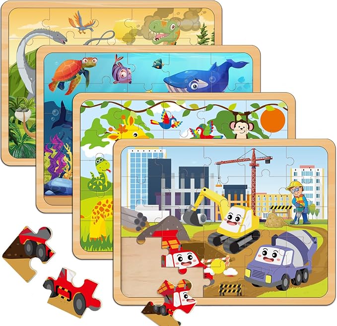 Wooden Jigsaw Puzzles for Kids Ages 4-6, 4-Pack 24-Piece Animal Puzzles Toy | Wood Puzzles Set, Toddler Brain Teaser Toys, Gifts for Boys Girls Ages 3 4 5 6