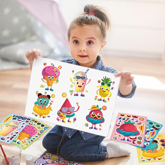 24 Sheets Make a Face Summer Stickers for Kids Party Favors | Make Your Own Summer Stickers Birthday Decorations Supplies, Toddlers Crafts Activities Gifts Goodie Bags Stuffers