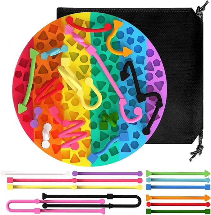 Round Sensory Activity Board, Sensory Toys for Kids with Autism, Stress Relief Silicone Quiet Fidget Toy for Toddlers Kids Adults, ADHD Autism Sensory Toys | Includes Portable Travel Bag & 12 Strings