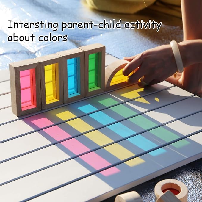 Wooden Building Blocks Set with Color Windows, 24-Piece Toddler Toy | Translucent color windows support stacking, light play, shape sorting, and Montessori-style learning.