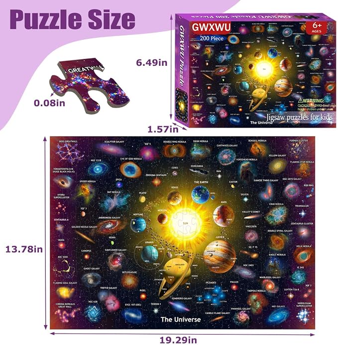 Puzzles for Kids Ages 6-8 & 8-10, 200 Piece Solar System Jigsaw Puzzle | Educational Space Learning Toy, Great Birthday And Holiday Gift for Boys And Girls