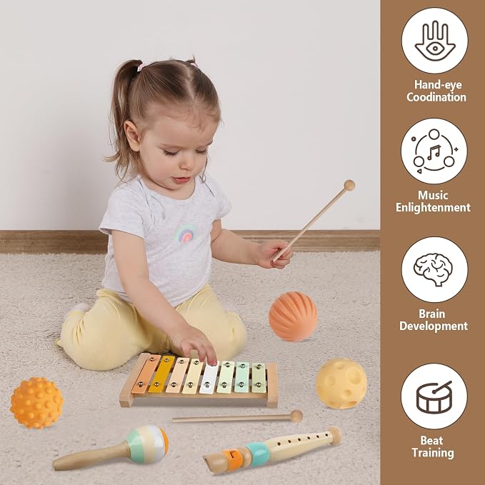 Meytccve Montessori Baby Toys 6 in 1, Wooden Musical Instruments Xylophone | Stacking Building Blocks, Sensory Balls, Infant Teething Toy, Birthday Gift for Toddlers Boys Girls