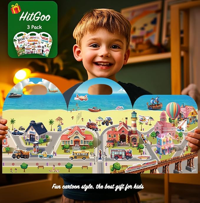 3-Pack Reusable Sticker Books for Toddlers 2-4 Years, Vehicles Truck, Animals & Farm Jelly Activity Stickers for Boys Girls Road Trip Airplane Train Travel Essentials Toy for Kids Birthday Gifts