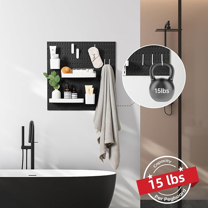 VUSIGN Pegboard Combination Wall Organizer Kit 22" x 22", Black | 4 Pieces Pegboards and 17 Accessories, Wall Mount Display Peg board Panel Kits for Bedroom, Home, Office, Bathroom
