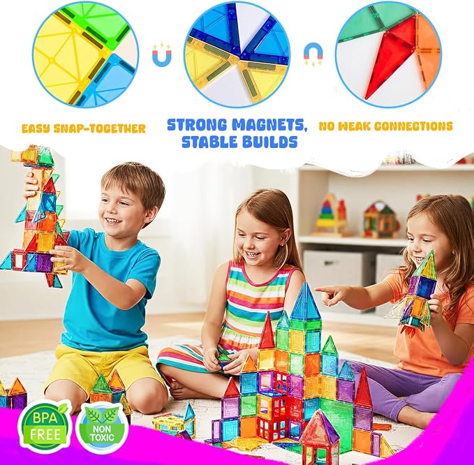Magnetic Tiles 120 PCS Building Blocks for Kids – STEM Construction Toy Set, Creative Educational Magnetic Building Tiles, Montessori Gift for Boys & Girls Ages 3 to 12