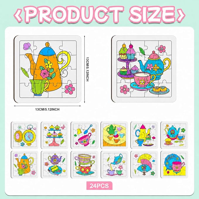 Cinrobiye 24 Pcs Tea Party Coloring Jigsaw Craft Kit for Kids, DIY Floral Teapot Activity Set Bulk with 12 Designs, Afternoon Tea Birthday Favors, Classroom Art Projects