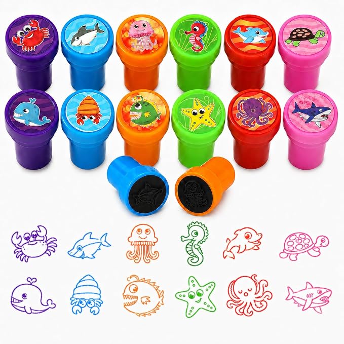 Cinrobiye 24 Pcs Ocean Animal Stampers Party Favor Set, Cute Sea Life Stamps for Kids Birthday Party, Classroom Rewards, Carnival Prizes, Goody Bag Fillers, Under the Sea Party Supplies