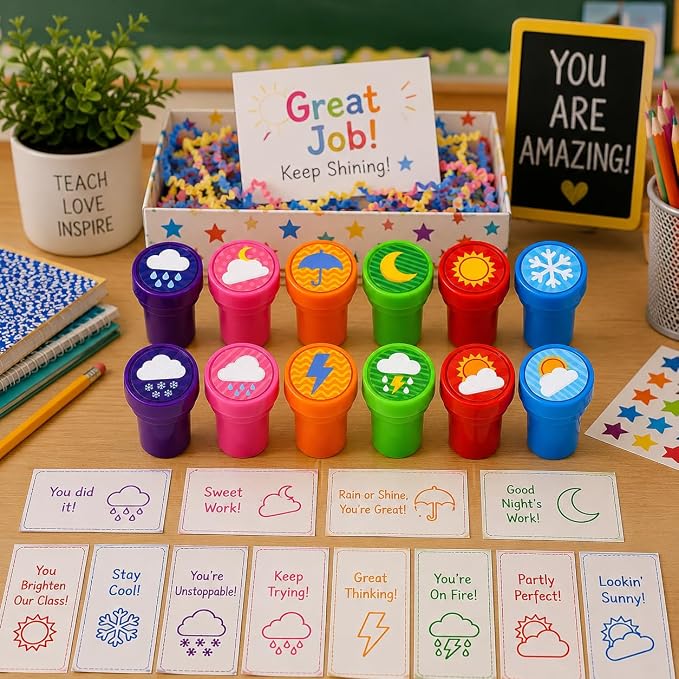 Cinrobiye 24 Pcs Weather Stampers Party Favor Set, Cute Weather Symbols Stamps for Kids Birthday Party, Classroom Rewards, Educational Learning Toys, Goody Bag Fillers