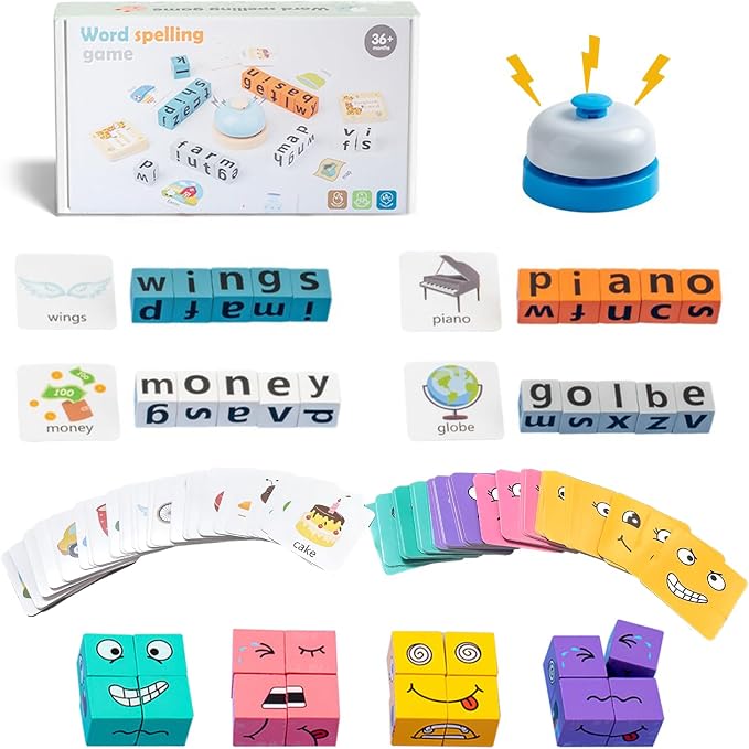 Face Changing Building Block Word Spelling Game Two-piece Set，Wooden Expression Letter Puzzle Cubes Board Game,for Kids Ages 3+ Boys and Girls Educational Toy Gifts.