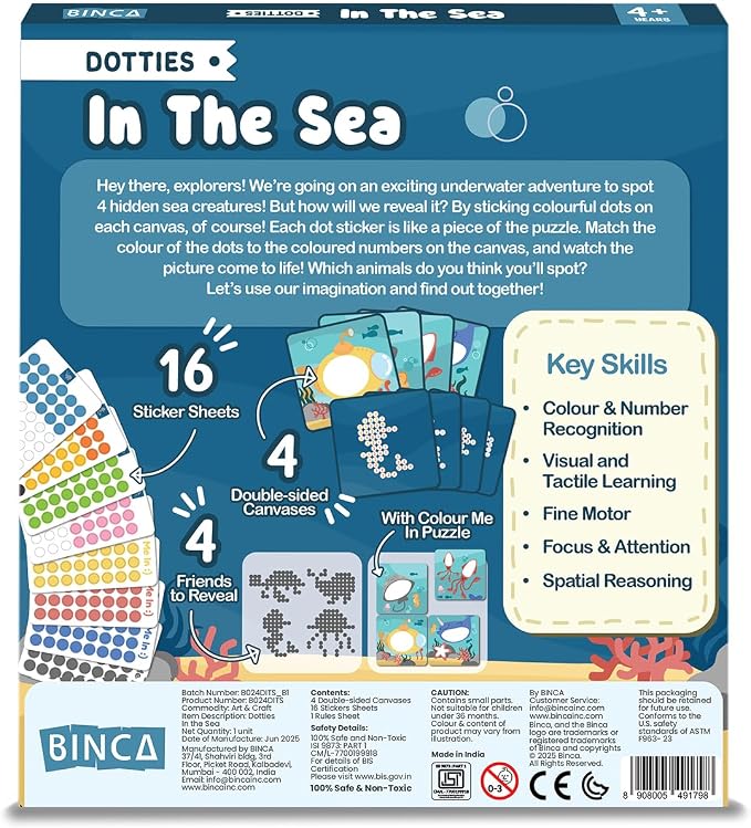BINCA Dotties Dot Art Activity Kit, 750+ Stickers, Underwater Animals Mess-Free Activities, DIY Dot Sticker Art, Kids Travel Activities, Gifts for Boys & Girls Ages 4,5,6