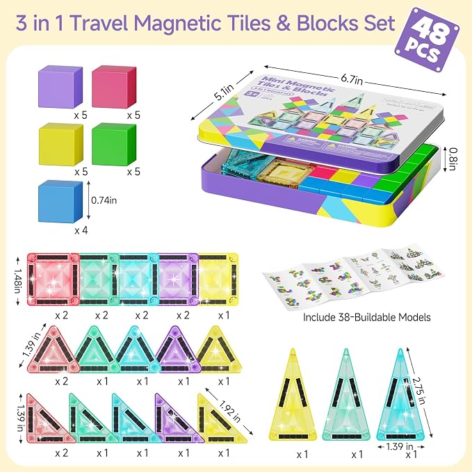 Magnetic Blocks Travel Set: 48 Pieces 3 in 1 Magnetic Tiles Set | Ultra-Lightweight Tin Box, 60-Min Focused Play, 45S Cleanup, on-the-Go Design, Air Travel, Great for Boys & Girls 3-8