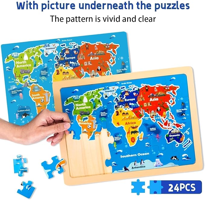 Wooden Puzzles for Toddlers 3-5,6 in 1 Jigsaw Wooden Solar System Puzzles for Ages 4-6,Preschool Educational Brain Toys Birthday Gifts for Boys and Girls 2 4 3 5 Year Old（World Map）