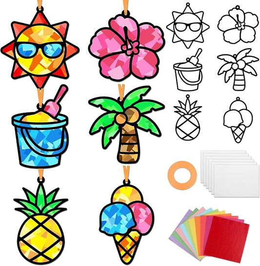 Qyeahkj 36 Sets Summer Suncatchers Crafts for DIY Summer Beach Fruit Tissue Paper Craft Kit Hawaiian Tropical Stained Glass Effect Window Ornaments Decoration for Home Art Project Party Favor Gift
