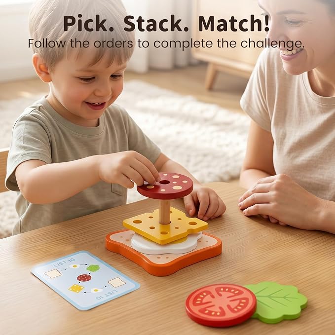 LovesTown Wooden Sandwich Stacking Toys, with Cards | for Toddlers, Montessori Toys, Role-Play, Preschool Learning, Screenless Play