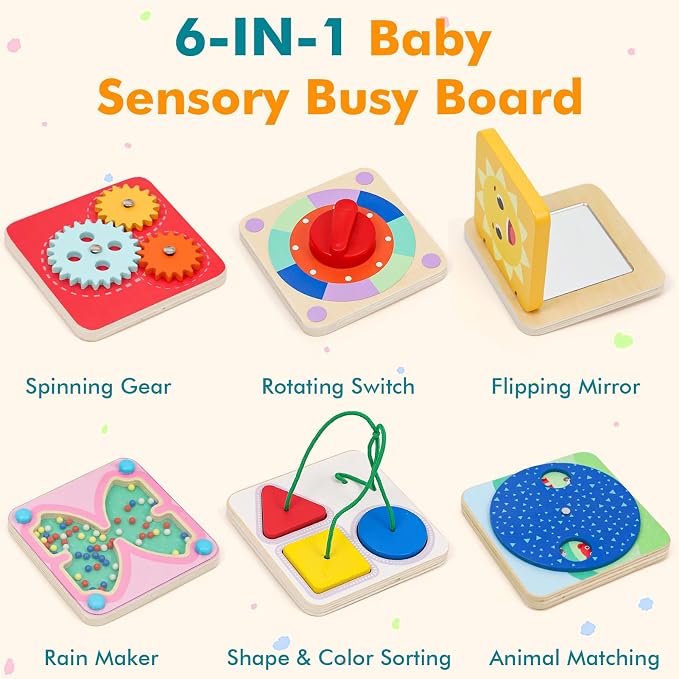Ancaixin 6-in-1 Montessori Busy Board for 1 Year Old, Magnetic Sensory Toys | Wooden Activity Busy Board for 12+ Months Baby, Fine Motor Skills Toys for Boys & Girls, Birthday Gifts 1 2 3