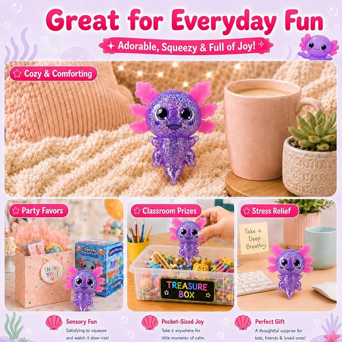 Axolotl Squishy Stress Ball, Soft TPR Slow Rising Squeeze Toy, Cute Axolotl Fidget Toy for Stress Relief, Anxiety Calming Sensory Toy for Kids Adults(Purple BigEars Axolotl)