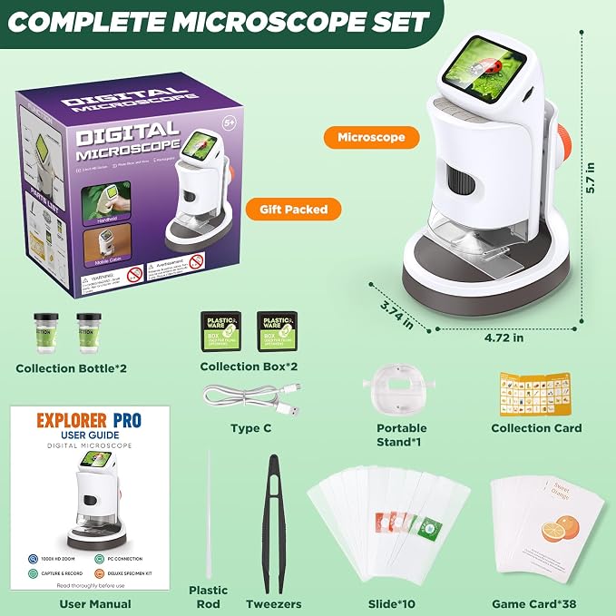 Kids Digital Microscope 1000X 1080P with Screen | Handheld Pocket Microscope for Kids 5-12, Portable Rechargeable STEM Science Kit, Educational Toy Gift for Boys & Girls (2026 New)