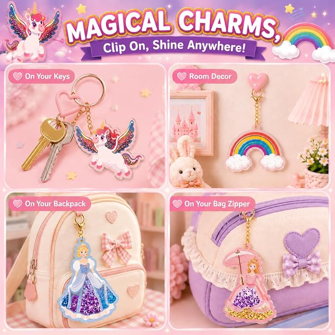 DIY Glitter Craft Kit with Keychains - Mess-Free Arts and Crafts for Kids Ages 4-8, Fun Shake-It Activity, Creative Travel Toys, Party Favors & Birthday Gifts for Girls 4-9
