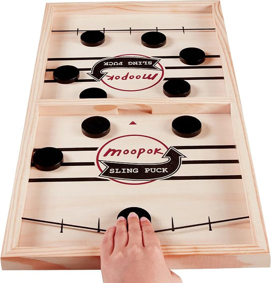 moopok Fast Sling Puck Game - Fast Action Super Foosball Table Desktop Battle Slingshot Wooden Air Hockey Board Game -Guaranteed Fun for Family Game Night or Friends Party