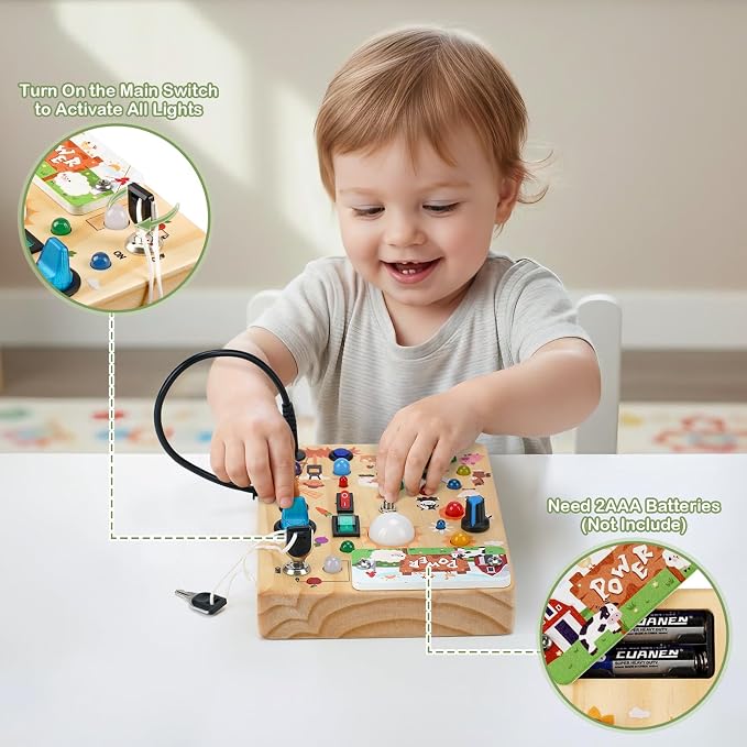 Sanlebi LED Busy Board for Toddlers 1-3,Montessori Toy with Key Switch, Light Up Wood Activity Sensory Board for Fine Motor Skills, Educational Travel Toy Gift for 1 2 3 Year Old Boys Girl