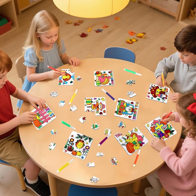 Fall Thanksgiving Crafts for Kids Christian Art Activities Blank Puzzle Toy | 24 Autumn DIY Crafts Pumpkin Turkey Cross Jesus, Religious Classroom Gifts for Toddler Party Favors Games Supplies Bulk