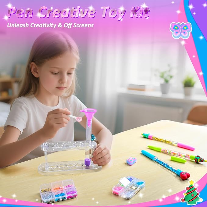 MOMUSE DIY Pen Making Kit for Kids Girls 6-12, Pen Creator Studio Craft Kit | 50 Accessories, Makes 12 Sparkly Pens with Sequins Beads, Mess-Free, Tween Girls Birthday Presents Gift
