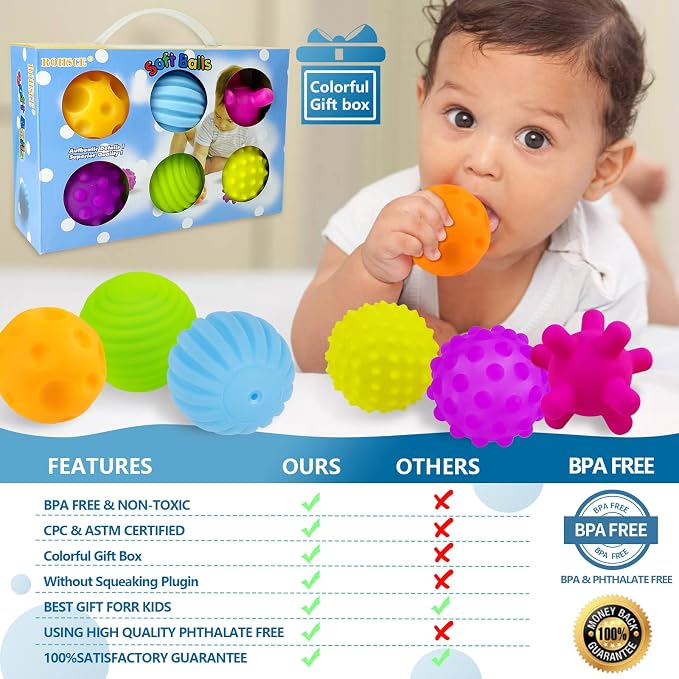 Baby Sensory Balls, 6 Textured Soft Balls for Babies 6-12 Months | 6 Multi-Texture Massage Soft Balls, Bright Colors for Touch, Squeeze and Roll Play, Birthday Gift for Infant 1 Year Old