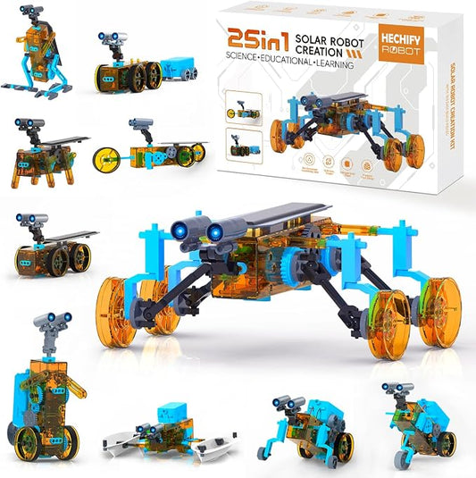 STEM 25-in-1 Solar Robot Kit Educational Building Toys for Kids Age 8-13 | Transparent Body Shows Gears Run, Solar or Battery Powered, DIY Robotics Science Kit Birthday Gift for Age 8+