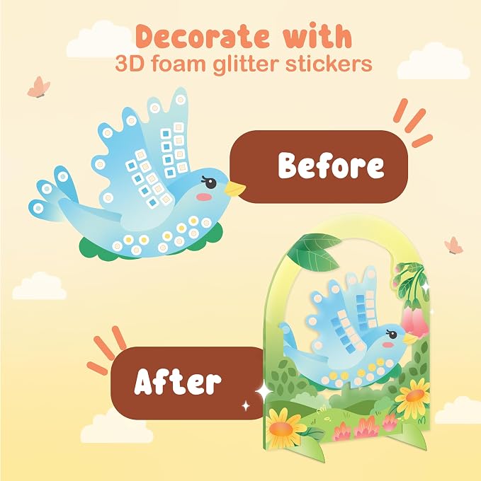 BINCA Foam Sticker Mosaic Art Activity, 750+ 3D Glitter Foam Stickers, 5 Garden Animals with Display Arch, DIY Mess-Free Activities, Gifts for Boys & Girls Ages 5,6,7,8
