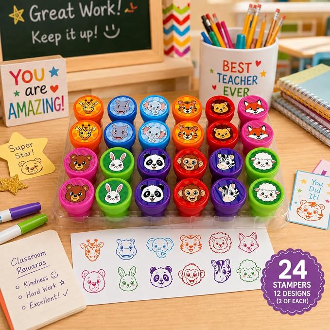 Cinrobiye 24 Pcs Animal Stampers for Kids, Pre-Inked Safari Zoo Party Favor Set, Animal Theme Birthday Party Supplies, Classroom Rewards, Goody Bags, Piñata Fillers