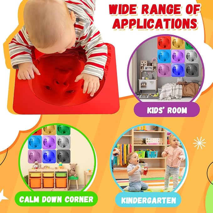 Geiserailie 9 Pcs Sensory Wall Bubble Mirrors, 10 x 10 Inch, CPC Certified | Colorful Acrylic Convex Mirrors, Sensory Room must haves, Classroom Learning Tool, Calming Corner, Preschool Daycare Activity