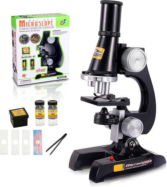 Little World Kids Microscope with LED Light - 100X/400X/1200X Magnification | Beginner science kit, monocular view, educational STEM gift for ages 5-12, Black