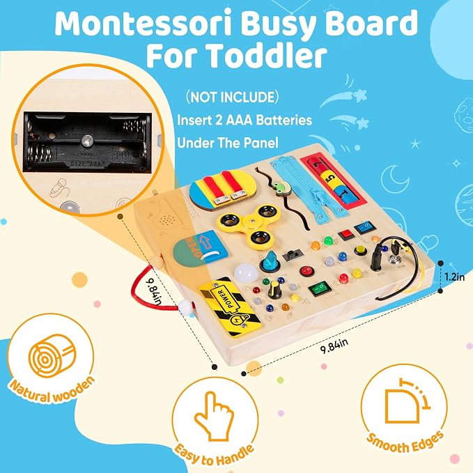 Wooden Busy Board Montessori Toy for Toddlers,Educational Learning Toy for 1 2 3 Year Boys & Girls,Sensory Activity Board with LED Light & Music Boxes, Travel Toys for Kids Birthday Gift