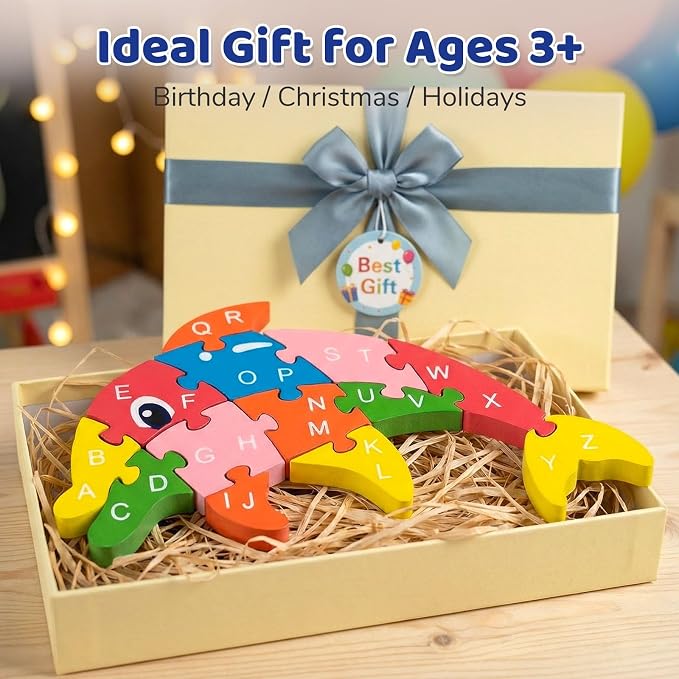 LovesTown Puzzle for Kids, Wooden, 3D Dolphin Shape | for Ages 3-5, Double-Sided, Alphabet Recognition, Number Counting, Fine Motor Skills, Montessori Learning Gifts