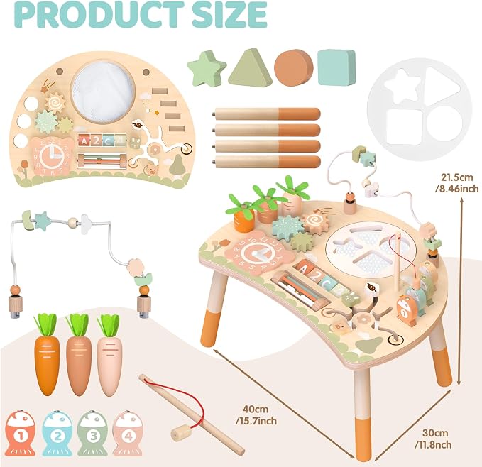 Wooden Activity Table for Toddlers, 9 in 1 Montessori Toy | Sensory Learning, Bead Maze, Shape Sorter, Fishing Game, Spinning Gears, Wood, CPSIA Certified, Gift for Boys Girls