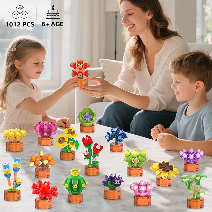 24 Pack Flowers Succulents Party Favors for Kids 6+ Mini Building Toys Sets | 1012PCS Botanical Bonsai 3.6mm Blocks for Classroom Prizes Goodie Bags Filler Stocking Stuffers, Birthday Gift for Girls Boys