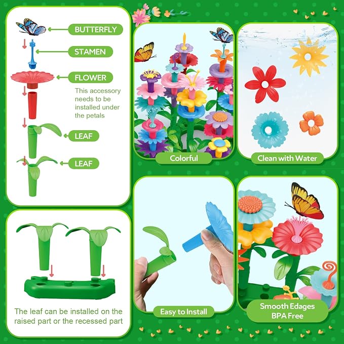 YEEBAY Flower Garden Building Toys for Girls Age 3, 4, 5, 6, 7 Year Old - STEM Gardening Toys for Kids - Stacking Game for Toddlers Play Set - Educational Activity for Preschool (148 PCS) | Flower Stacking Toy with Washable Pieces, Portable Box and Gif...