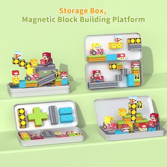 35PCS STEM Educational Mini Magnetic Building Blocks for Kids Ages 3-8 | Mini Magnetic Tiles Travel Set with Portable Iron Storage Box, Montessori Sensory Toys Gifts for Toddlers, Boys & Girls