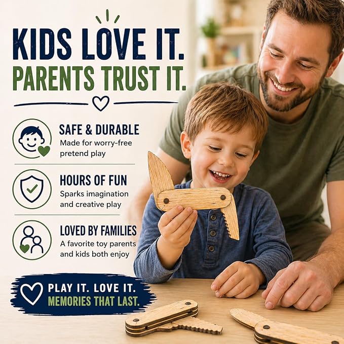 Set of 2 Wooden Pocket Knife Toy for Kids | Pretend Play Folding Camping Toy | Children Adventure Toy | Outdoor Explorer Gift for Boys & Girls Ages 3+