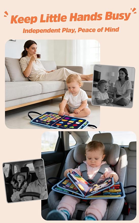 Toddler Busy Board Montessori Toys for 1-3 Year Old, Dinosaur Busy Book | Fine Motor Skills Sensory Toy with 23 Activities, Travel Toys for Airplane Car, Blue Gift for Boys Girls