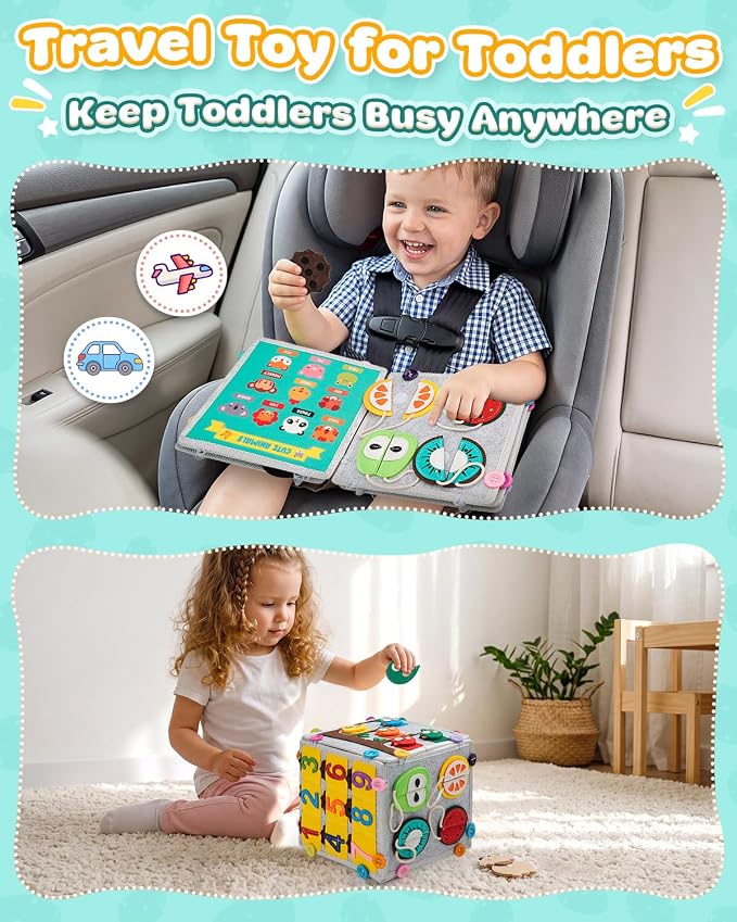 Toddler Busy Book, Montessori Toys Busy Board for Toddlers Birthday Gifts | Felt Book & Cube Sensory Travel Toy, Toddlers Preschool Educational Learning Toys, Quiet Activity Books for Airplane Car,Grey