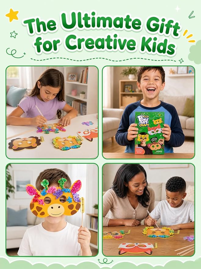 Kivonio Poke Art - Animal Masks, Mess-Free Fun for Kids, DIY Wood Craft Kits, Creative Activity, Gifts for Girls & Boys Ages 4, 5, 6, 7, 8, 9 Fine Motor Skills, Screen-Free