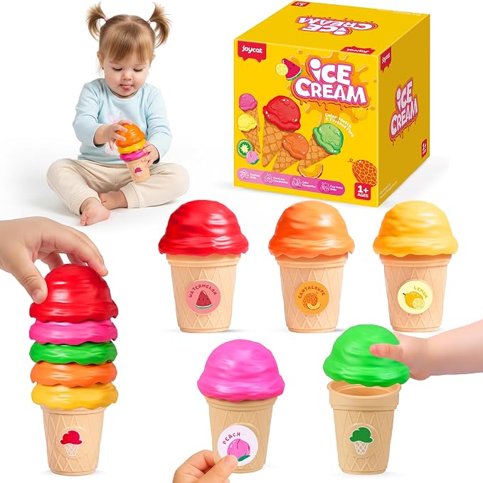 JoyCat Ice Cream Sorting and Stacking Pretend Play Toy Set, 5 Cones | Stack scoops, match colors and serve pretend ice cream while practicing counting and fine motor play
