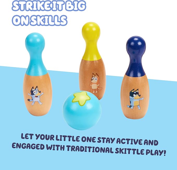 Bluey Wooden Bowling Set, 6 Character Pins, Indoor & Outdoor | Durable wood skittle game builds coordination & teamwork; Bluey toy for kids ages 3+, indoor-outdoor fun