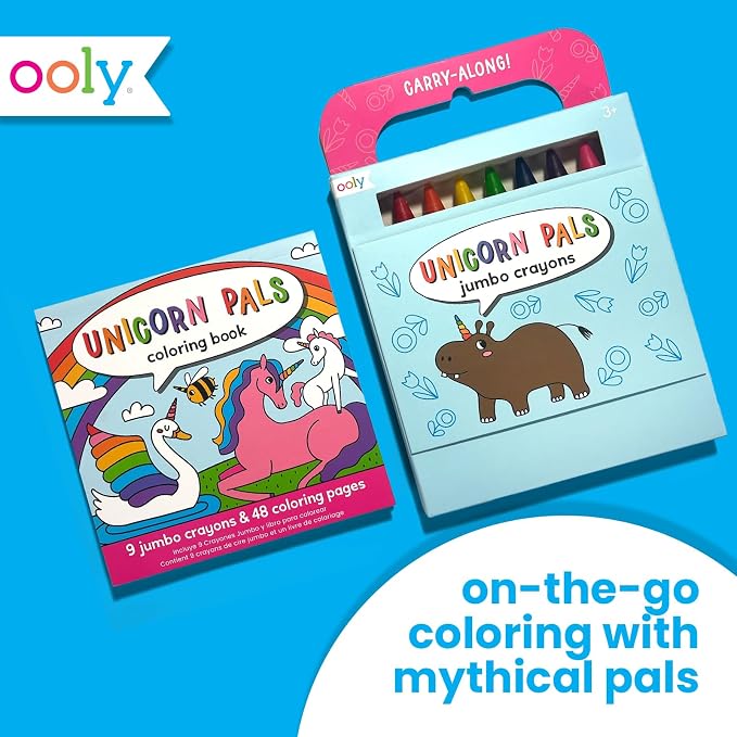 Ooly Kids Coloring Book 9 Jumbo Crayon Kit - Unicorn Pals | Ages 3+, Easy Grip, Handle Carry, Great for Car and Airplane Travel, Fun Gift