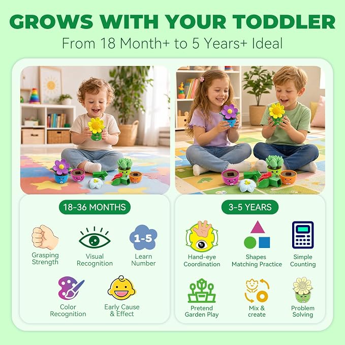 Montessori Flower Garden Building Toy for Girls & Boy, Toddler Gardening Set with 10 Shape & Number Flowers, Preschool Learning Matching & Stacking Game, Sensory Toys Gifts for 1 2 3 Year Old