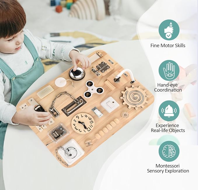 Potatomato Large Wooden Busy Board for Toddlers, Montessori Sensory Toy | 18-in-1 Activity Board,Fidget Toys for Boys &Girls Fine Motor Skills,Birtday Gift