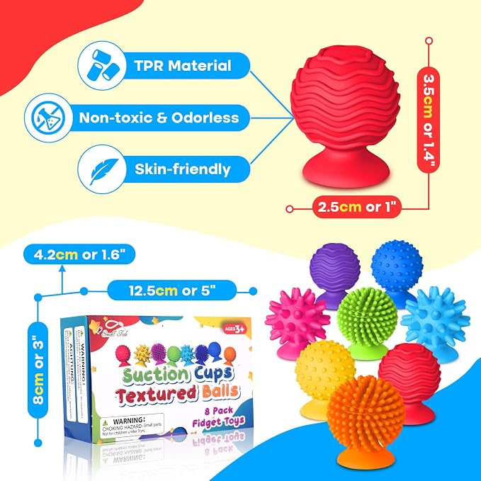 Sensory Toys Fidgets for Kids Adults Autism 8 Pack Textured Suction Cup Toy | Quiet Desk Fidgets for Classroom Stress, Sensory Special Needs Items for Autistic Boys Girls Stocking Stuffers Travel Gifts