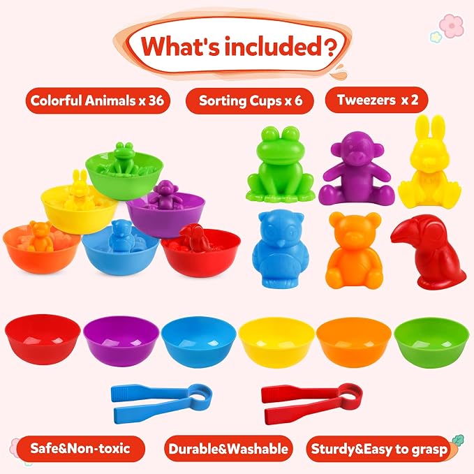 RAEQKS Counting Sorting Toys Matching Stacking Toys with Bowls Preschool Learning Activities for Math Montessori Fine Motor Skills Sensory Animals Toy Sets Gift for Kids Boy Girl Aged 3+ Year
