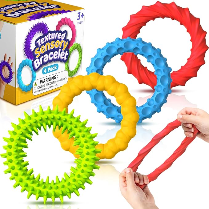 Sensory Toys Fidget Prizes for Kids Adults Autism 4 Pack Stretchy Bracelets | Textured Treasure Prizes Classroom Squishy Fidgets for Stress, Special Needs for Autistic Boys Girls Stocking Stuffers Gifts